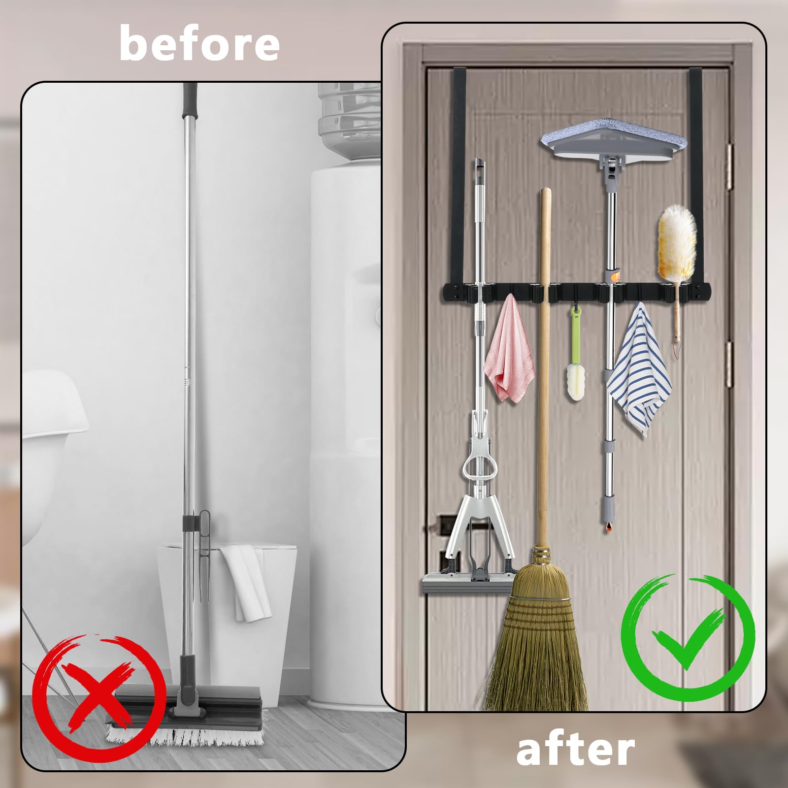 UKQRRTC Over The Door Broom Holder with Hooks Stainless Steel Broom Holder Wall Mount Space Saving Mop Broom Holder Easy to Install Mop and Broom Organizer for Laundry Room Garage Kitchen Bathroom