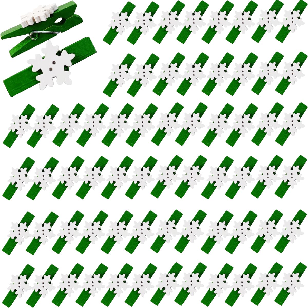 ROYHOO 60PCS 1.38” Christmas Wood Clips Xmas Snowflake Clothespins DIY Photo Pegs Hanging Clips for Party Favors Home School Art Craft Decor (Green)