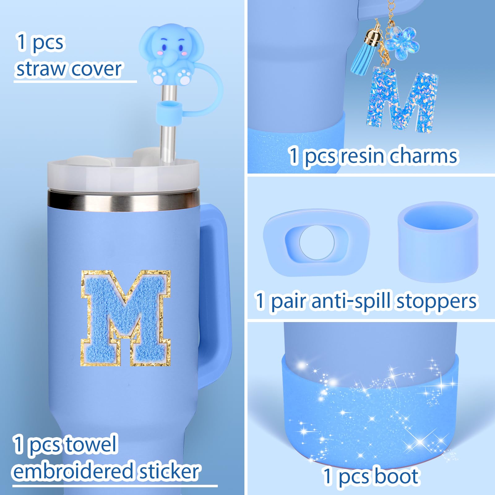 Mity rain Cup Accessories Set for stanley 30 oz 40 oz tumbler with handle, Including Initials Charms, Straw Cover Cap, Boot, Sticker, Silicone Spill Proof Stopper,Blue Decorate for Boy Girl (Letter M)