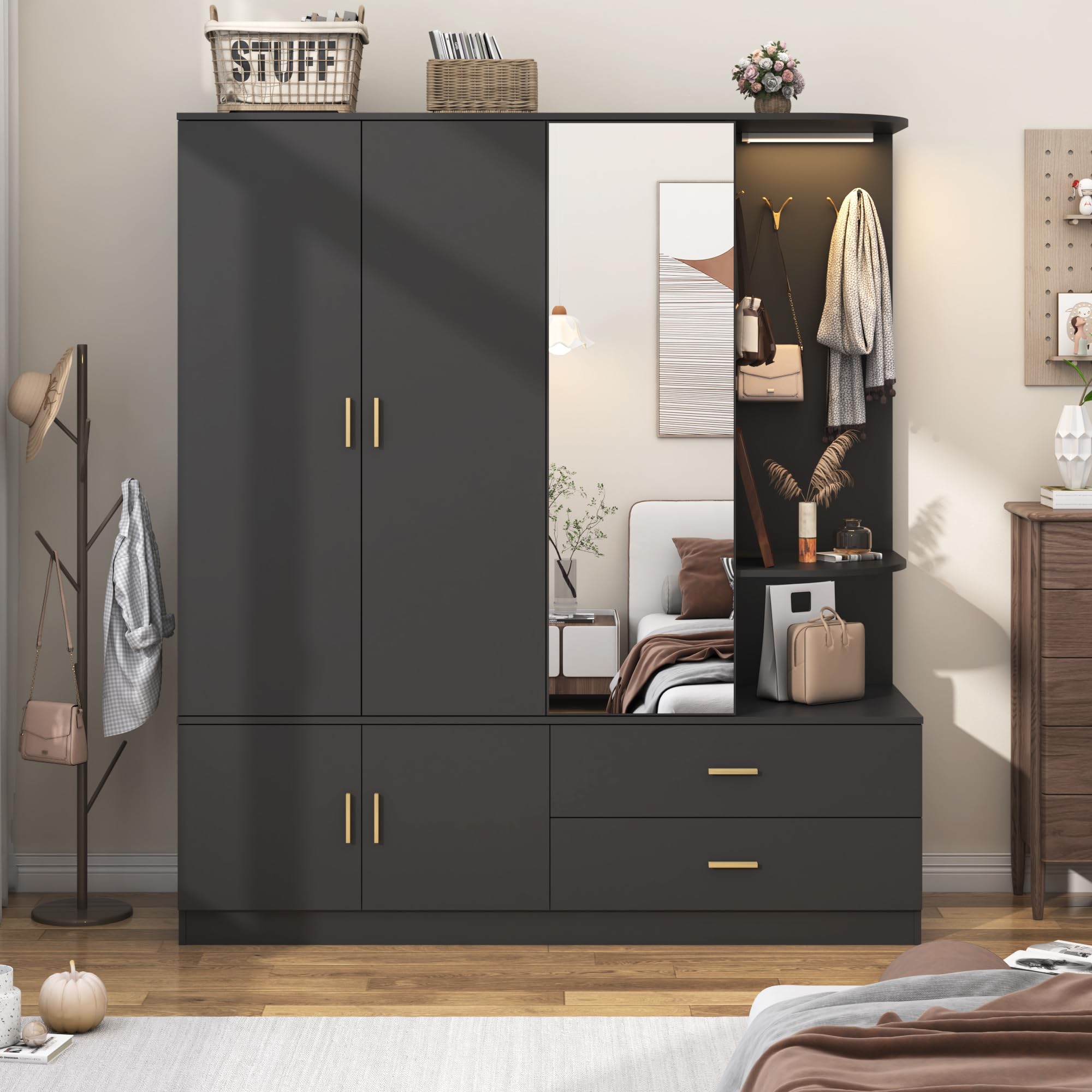 XVD Armoire Wardrobe Closet with Mirror and Sensor Light, Bedroom Armoire with 5 Doors 2 Drawers, Modern Wooden Large Wardrobe Closet with Shelves, 4 Hooks, 2 Hanging Rods, Open Space, Black