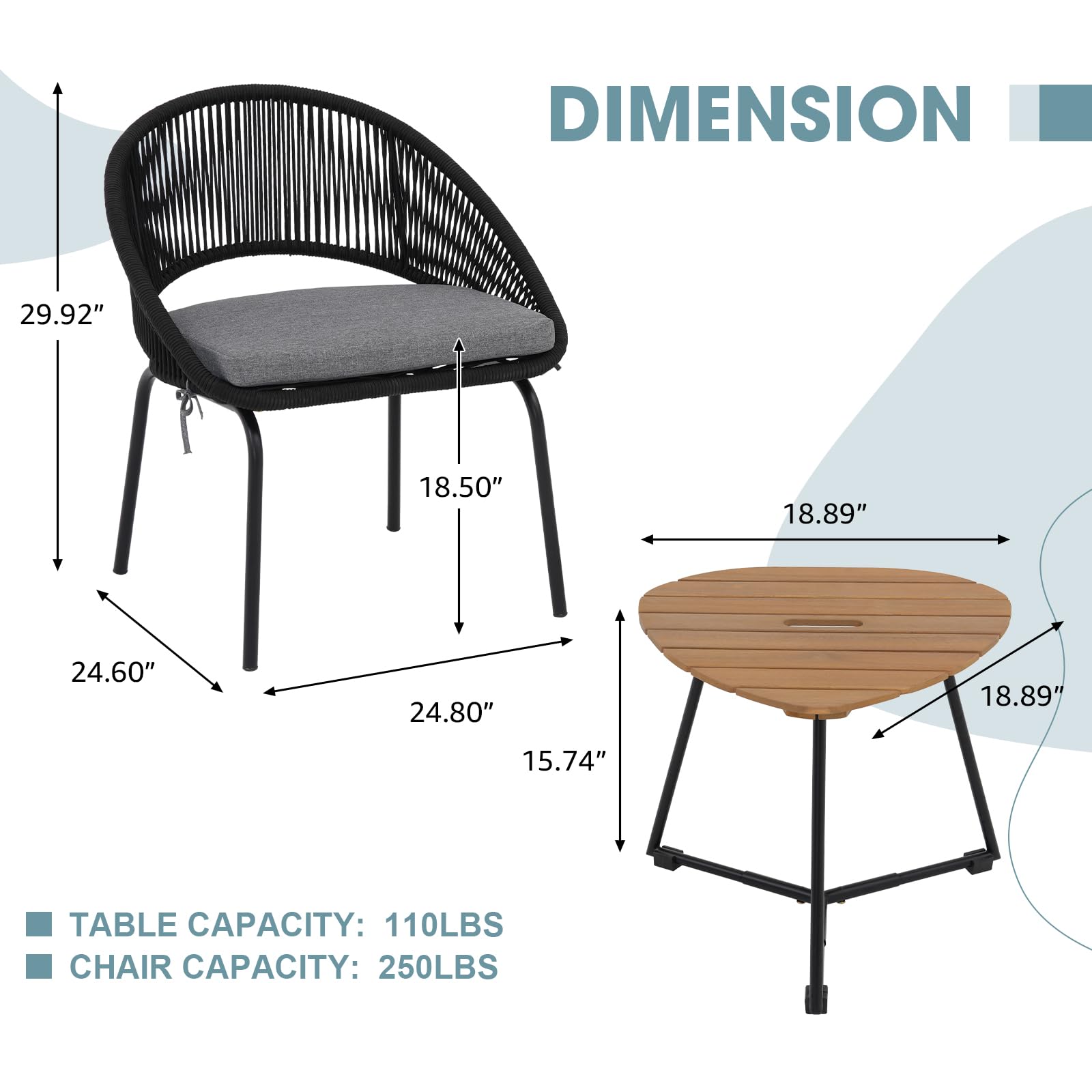 COBANA 3 Piece Patio Bistro Set, Outdoor Woven Rope Conversation Balcony Furniture Set with Wood Coffee Table and Cushioned Chairs for Garden, Backyard, Deck, Poolside, Black