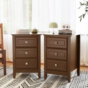 bonnlo nightstands set of 2, 3 drawer night stand for bedroom with metal knobs, wooden bedside table, brown nightstand/end table/side table for small spaces, college dorm, kids' room, living room