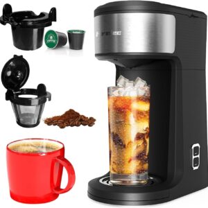 Hrelec 2 in 1 K Cup Coffee Maker, Iced Single Serve Coffee Maker for Capsule and Ground Coffee, Pod Coffee Maker One Cup Small Coffee Machine with Self-Cleaning Function, 8-14 oz Brew Size