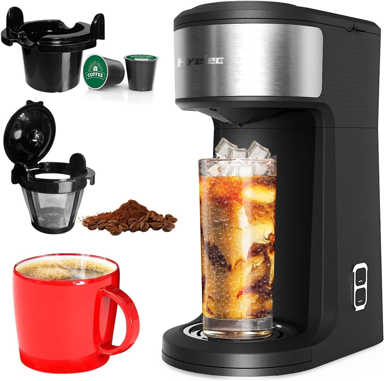 Hrelec 2 in 1 K Cup Coffee Maker, Iced Single Serve Coffee Maker for Capsule and Ground Coffee, Pod Coffee Maker One Cup Small Coffee Machine with Self-Cleaning Function, 8-14 oz Brew Size