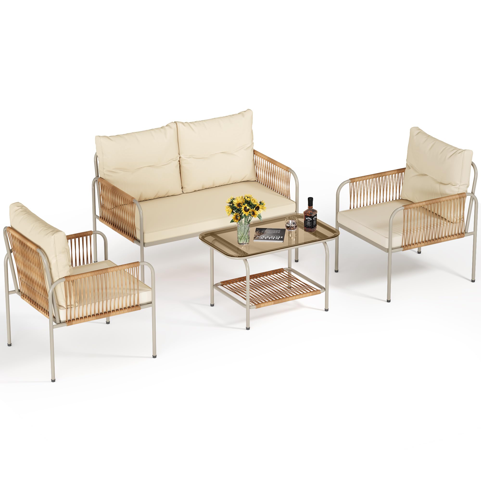 YITAHOME 4 Pieces Patio Furniture Set, Wicker Outdoor Conversation Set, All-Weather Rattan Bistro Set with Loveseat Set, Coffee Table and Cushions for Backyard, Balcony, Deck - Beige