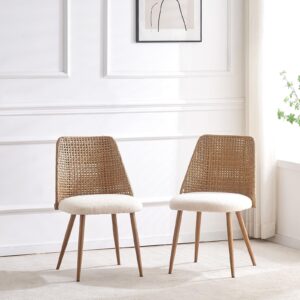 JALOURT Rattan Dining Chairs Set of 4,Accent Upholstered Boucle Kitchen Room Chairs,Mid Century Modern Dining Room Chairs with PE Cane Back and Metal Legs for Kitchen/Restaurant/Dining Room,Brown