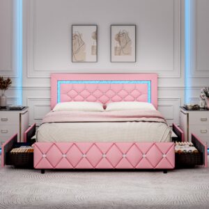 Queen Size Bed Frame with LED Lights, Upholstered Platform Bed with Storage Drawers, Princess Bed with Diamond Headboard and Footboard, No Box Spring Needed, Easy Assembly, Pink