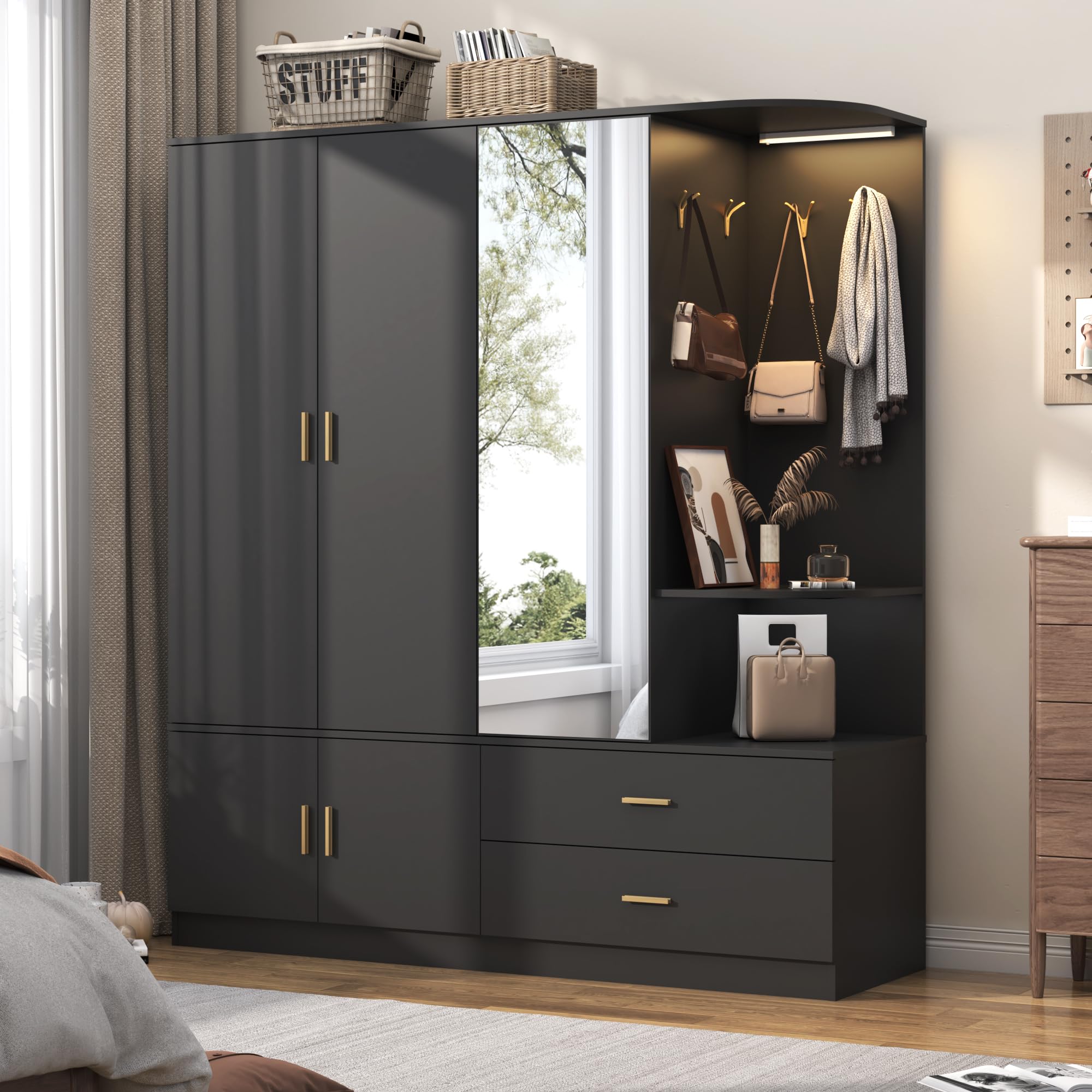 XVD Armoire Wardrobe Closet with Mirror and Sensor Light, Bedroom Armoire with 5 Doors 2 Drawers, Modern Wooden Large Wardrobe Closet with Shelves, 4 Hooks, 2 Hanging Rods, Open Space, Black