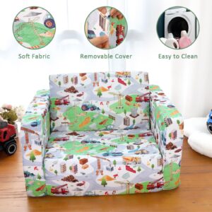 CARUILI Toddler Couch Chair, 2-in-1 Soft Kids Couch Bed Fold Out with Pillow, Convertible Kids Sofa to Lounger for Girls and Boys 1-3 Years, Assembling Toddler Chairs Comfy, Green