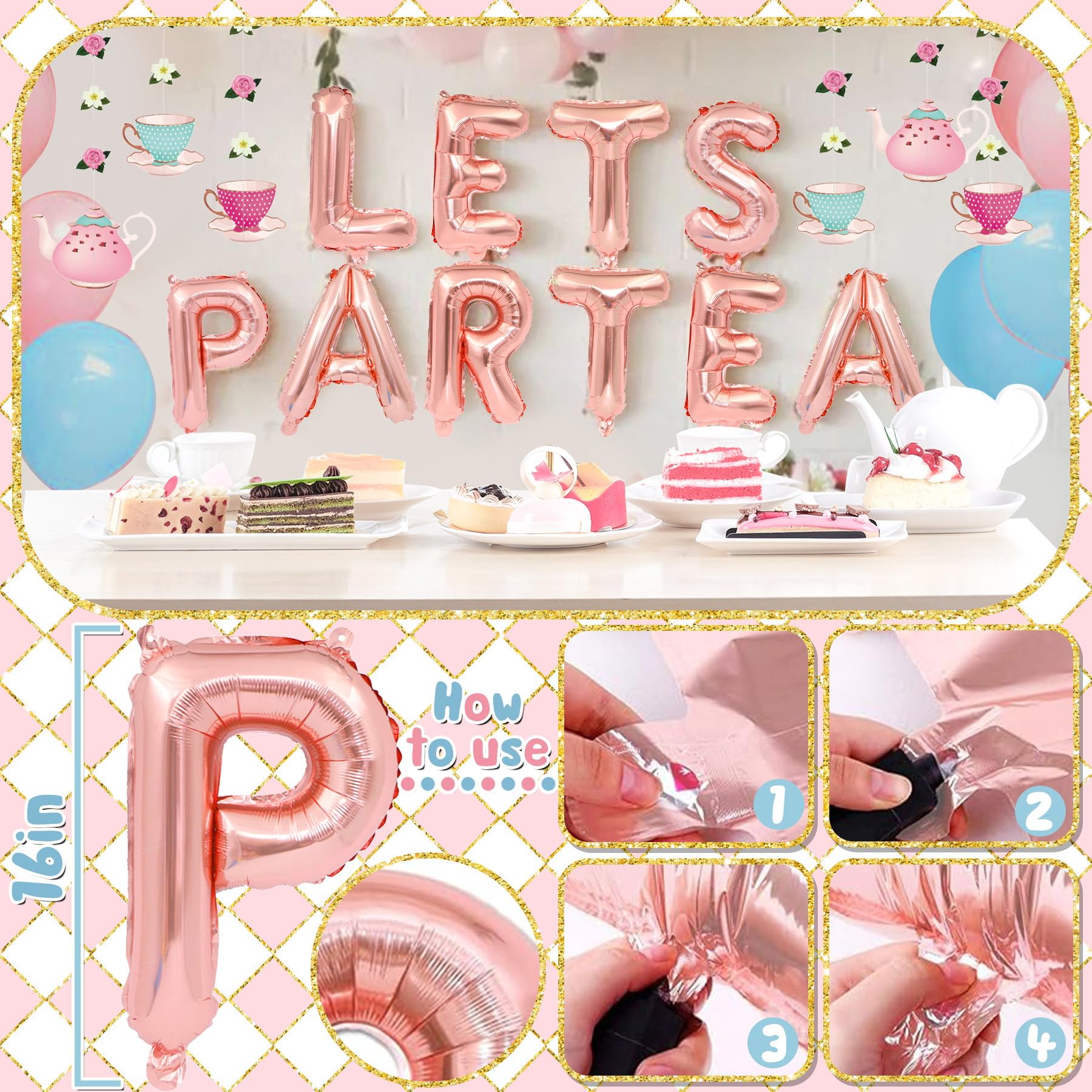 Tea Party Decorations, Let's Par Tea Decorations, Tea Party Photo Booth Props, Balloons, Tea Garden Party Decorations, Floral Teapot Cake Topper for Birthday Baby Shower Wedding Favors Girls Women