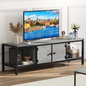 garveehome 65 inch tv stand with storage, entertainment center with adjustable legs, mid century modern tv console up to 75 inch, wooden tv stand with open shelves for living room, bedroom, grey