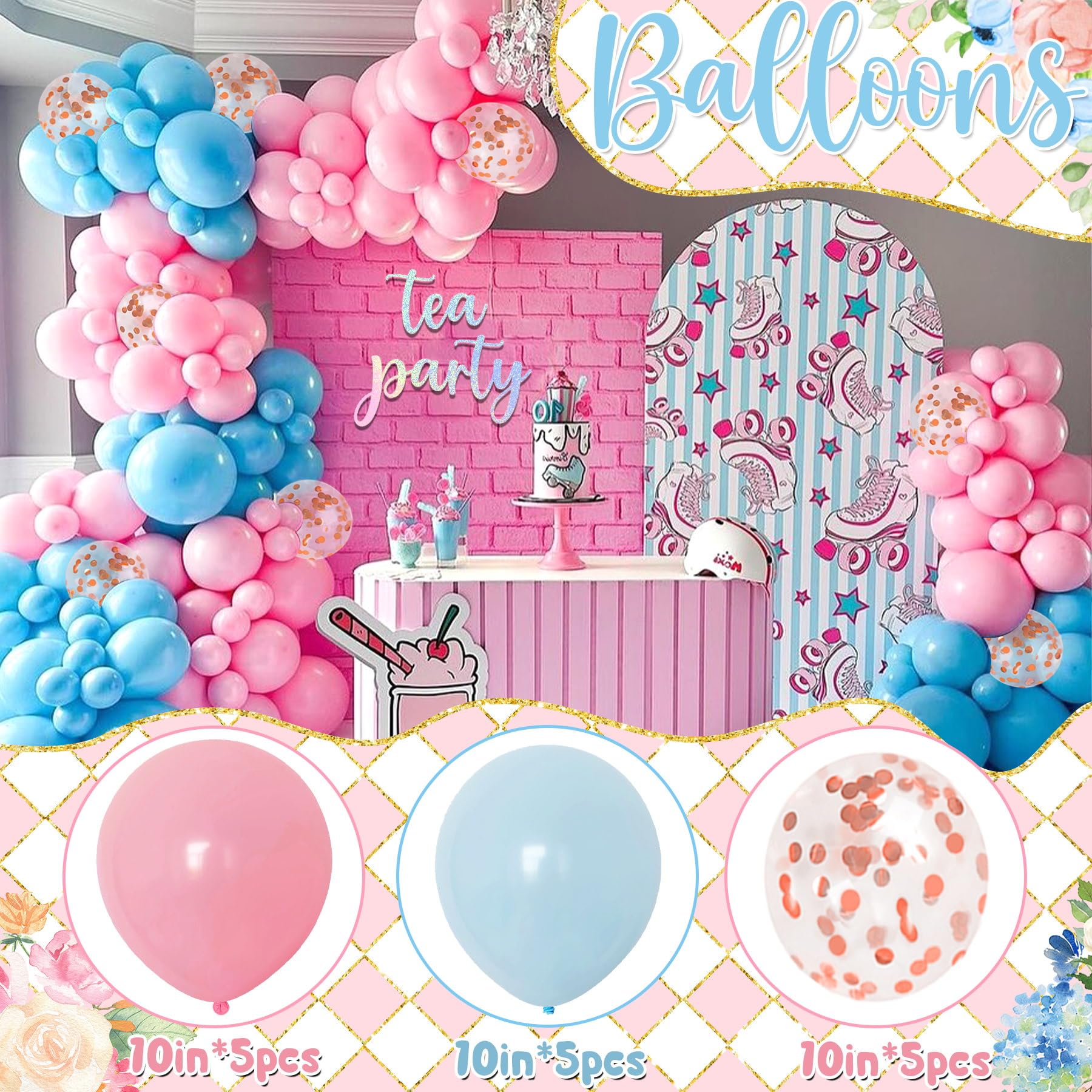 Tea Party Decorations, Let's Par Tea Decorations, Tea Party Photo Booth Props, Balloons, Tea Garden Party Decorations, Floral Teapot Cake Topper for Birthday Baby Shower Wedding Favors Girls Women