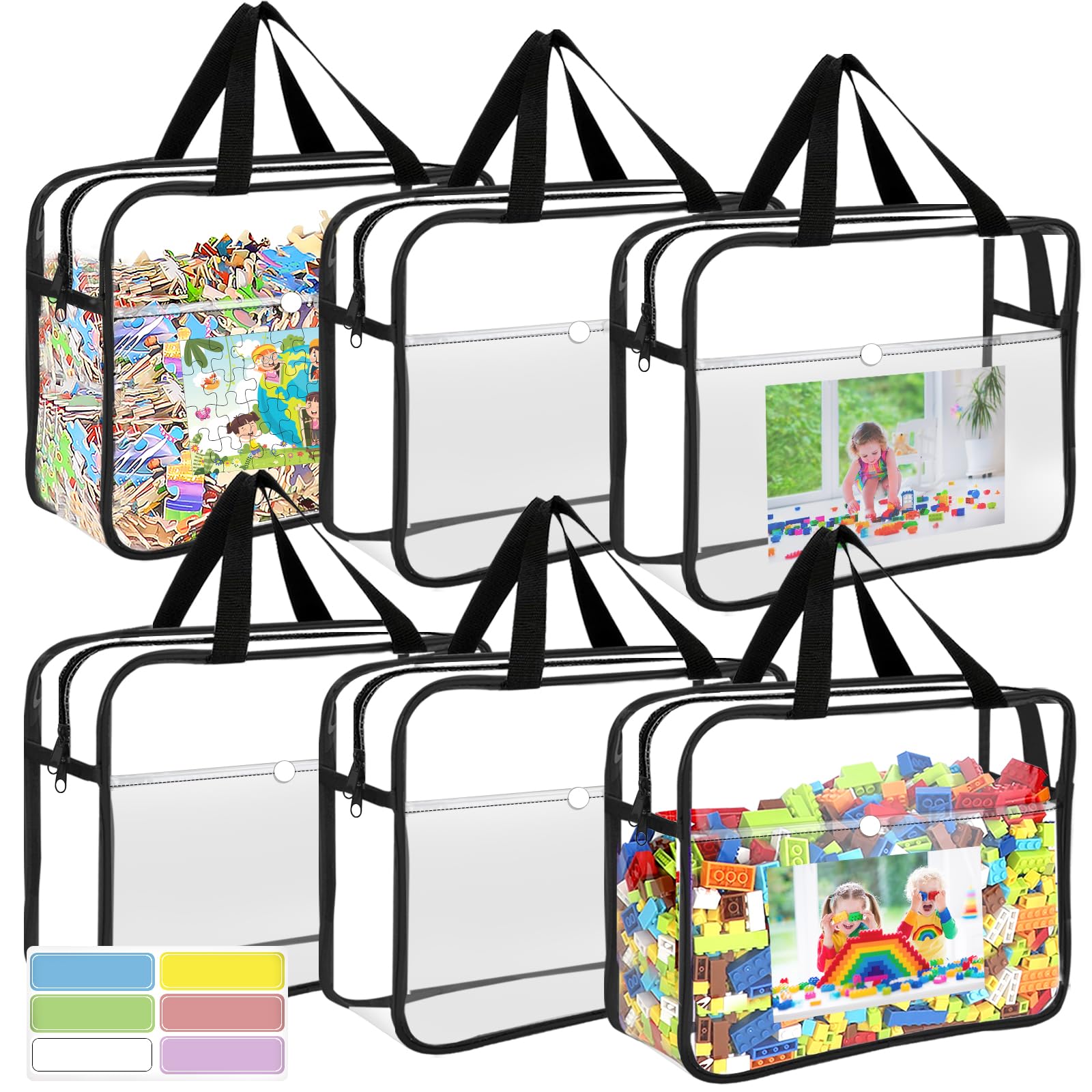 OPELETNNT 6 Packs Large Toy Storage Bags with Pockets, Reusable Clear PVC Board Game Storage with Labels, Travel Waterproof Organizer Bags Double Zipper for Building Blocks, Puzzle, Kids Books