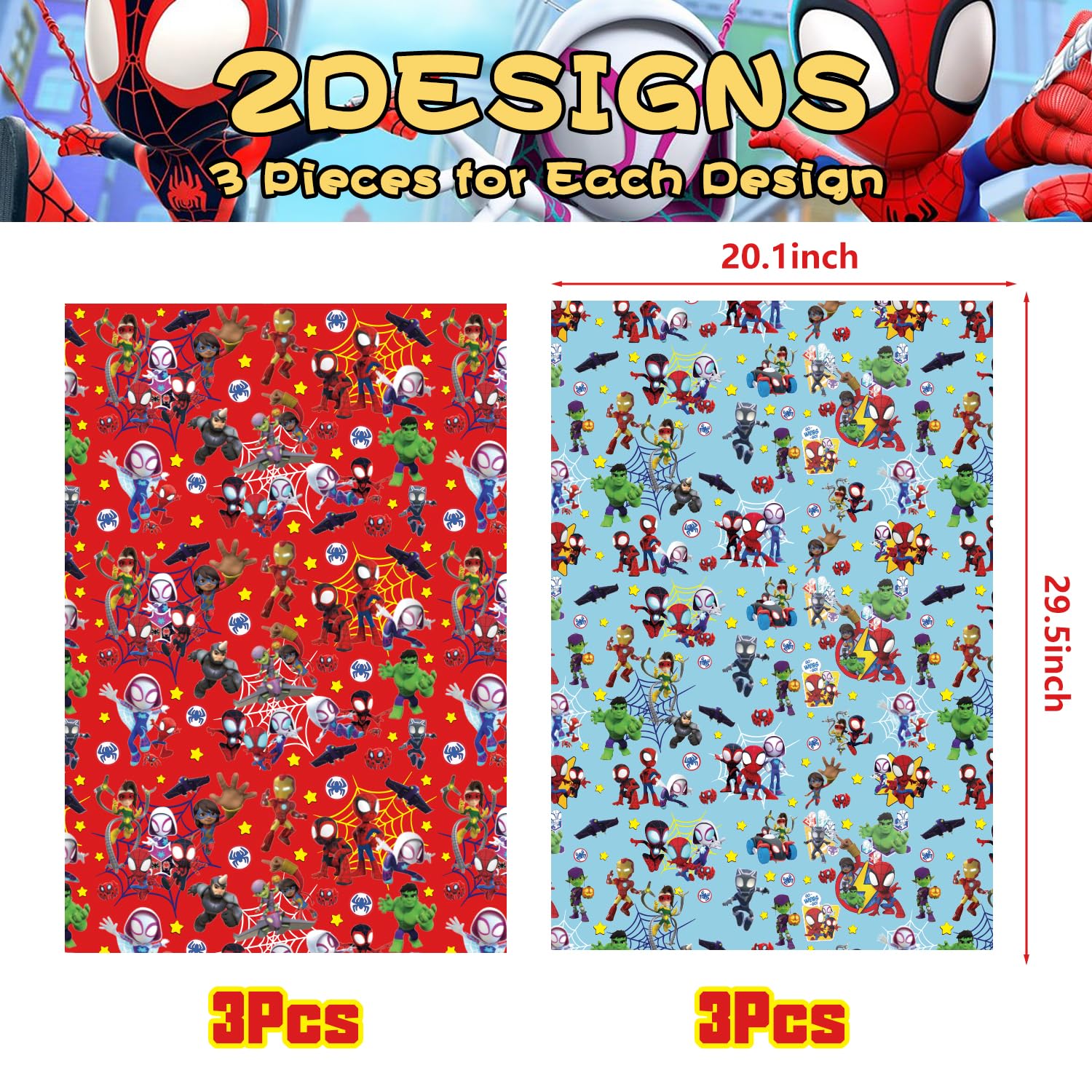 ZEZGERS 6PCS Spidey Wrapping Paper,Spidey Gift Wrap Bulk Art Paper Folded Flat for Birthday Party, Nursery Decorations, Classroom Favors DIY Crafts Gift.