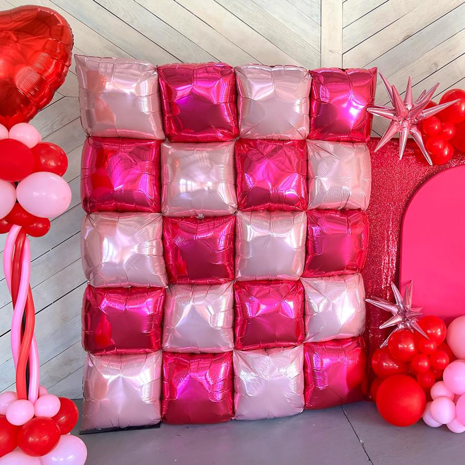 Hot Magenta Pink Square Foil Balloons Wall Tunnel Backdrop Double Sided Metallic Balloon Arch Garland Kit For Anniversary Bachelorette Engagement Bridal Birthday Graduation Party Decorations