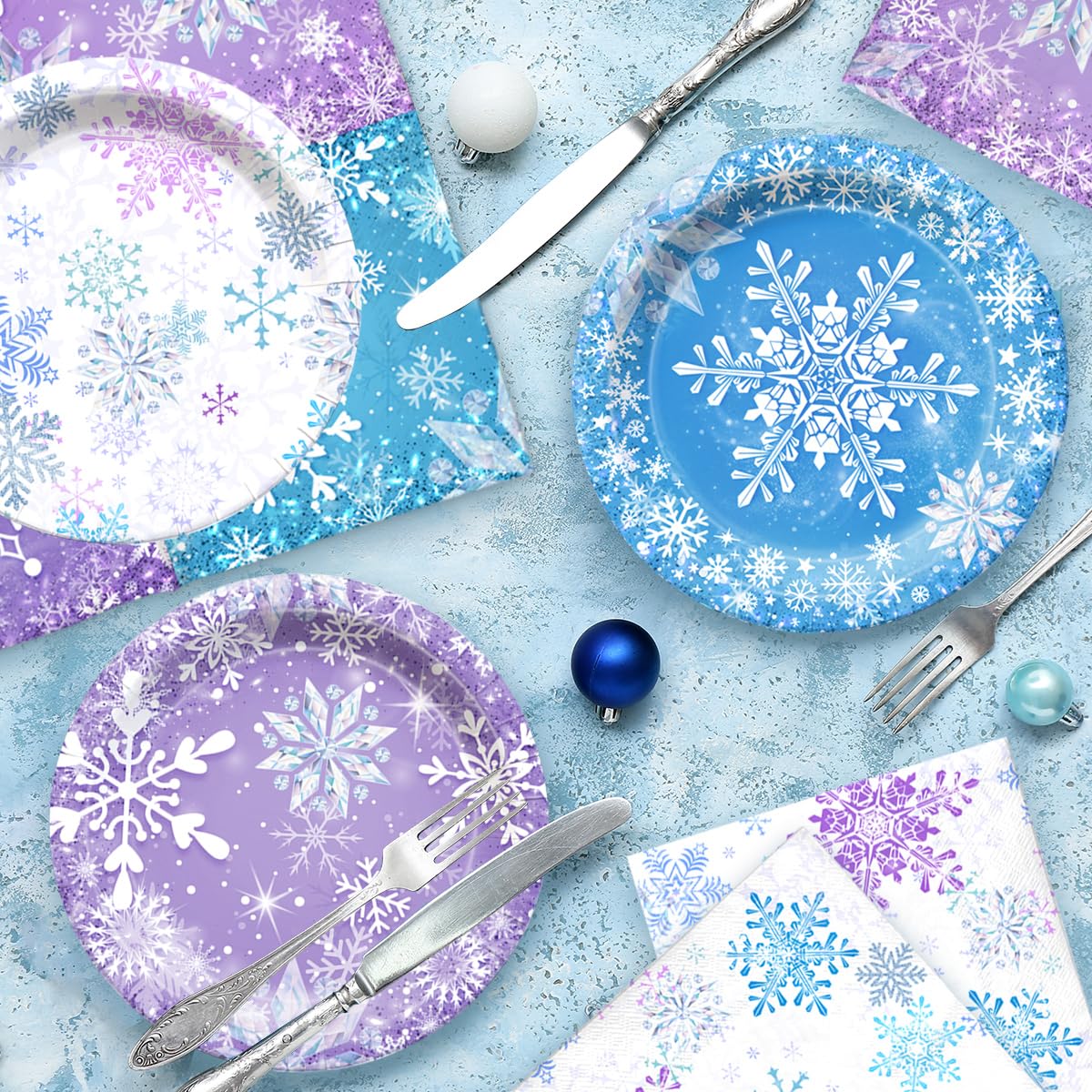 Frozen Plates and Napkins-61Pcs Winter Wonderland Snowflake Tableware for Christmas Winter Holiday,Birthday,Baby Shower