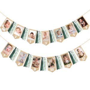 pinkblume 1st birthday burlap photo banner garland handmade felt from newborn to 12 months with gradient sage green ribbon for baby boy girl monthly milestones first birthday party decoration supplies