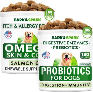 bark&spark probiotics + omega 3 for dogs bundle - allergy & itchy skin + skin allergy - digestive enzymes + epa & dha fatty acids - stomach relief + itch relief - 360 chews - made in usa