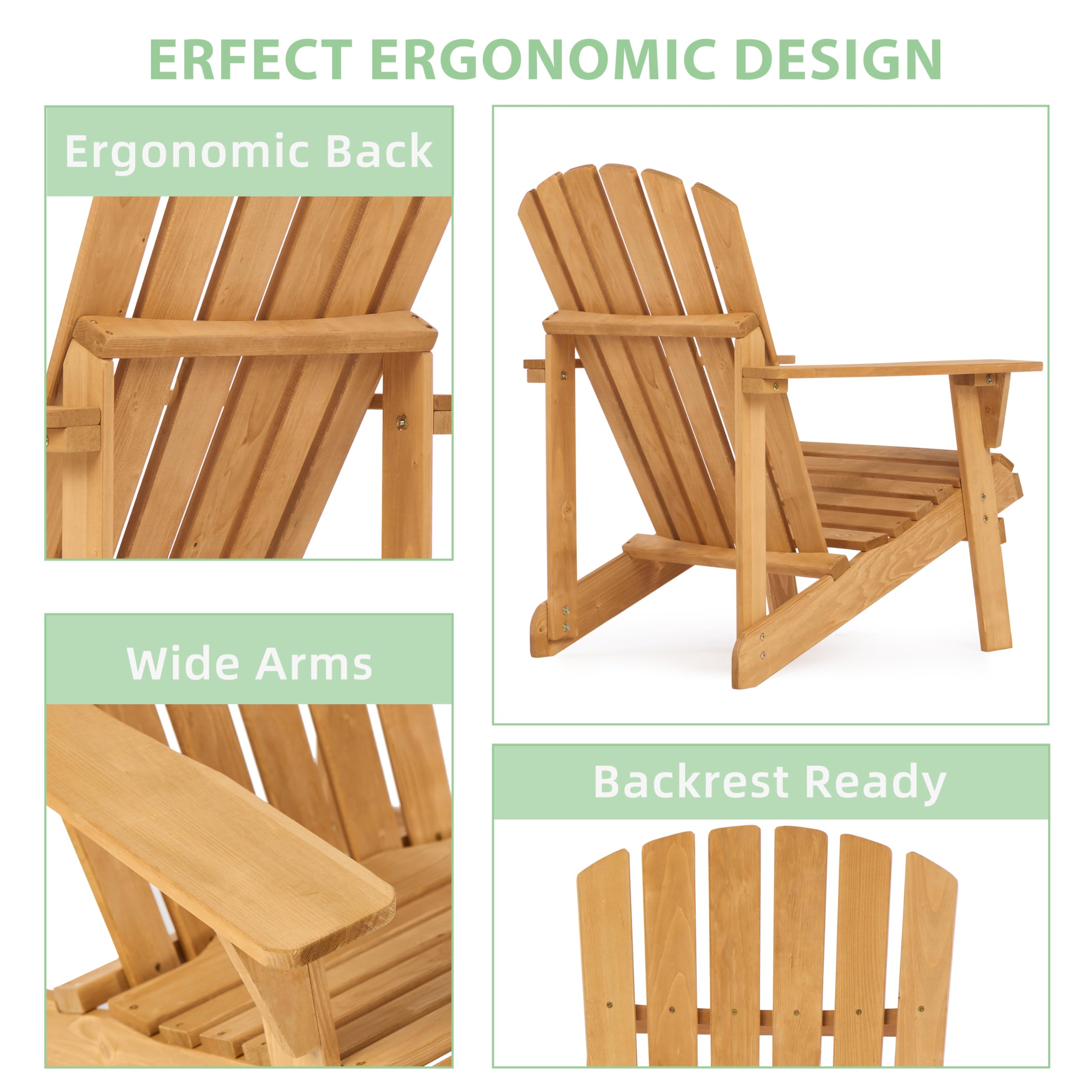 Outdoor Wooden Adirondack Chair with Pre-Assembled BackRest & SeatBoard, Patio Chair for Garden Backyard Lawn Deck Pool Beach Firepit