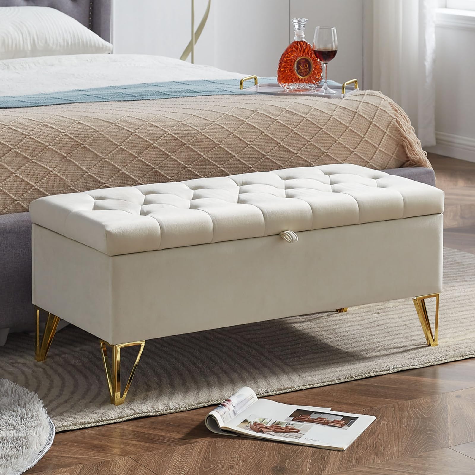 Sudwesto Modern Storage Ottoman Bench, Velvet Upholstered Ottoman Bench with Large Storage Space, End of Bed Bench with Metal Legs, Tufted Bed Bench for Living Room, Bedroom, Hallway (Beige)