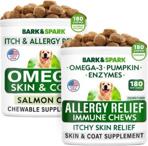 bark&spark omega 3 + allergy relief for dogs bundle - anti-itch skin + skin allergy - omega 3 fish oil + epa & dha fatty acids - itching&paw licking + itch relief - 360 chews - made in usa