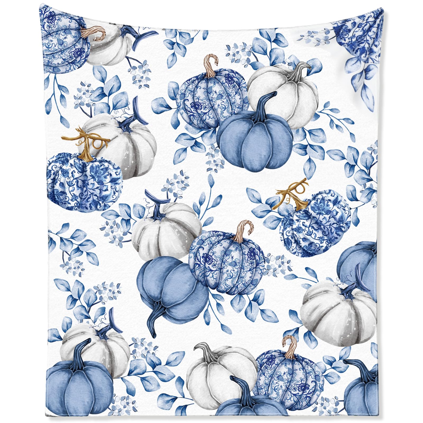 Fanfanwin Thanksgiving Pumpkins Throw Blanket, Chinoiserie Blue and White Blanket Pumpkins Blanket Thanksgiving Soft Cozy Friends Gifts Blue Blanket for Living Room Couch Bed Chair or Dorm, 50"x60"