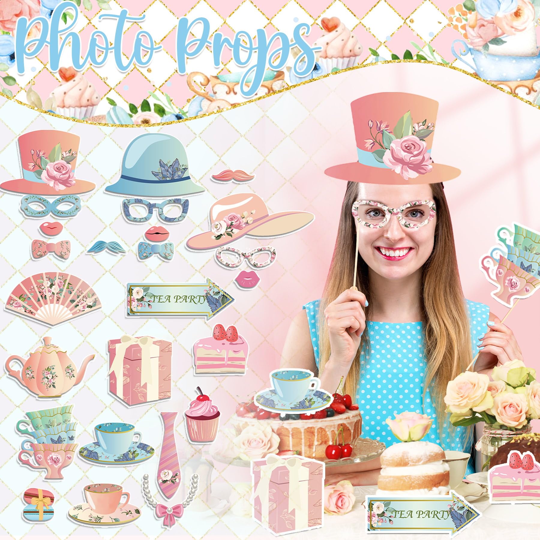 Tea Party Decorations, Let's Par Tea Decorations, Tea Party Photo Booth Props, Balloons, Tea Garden Party Decorations, Floral Teapot Cake Topper for Birthday Baby Shower Wedding Favors Girls Women