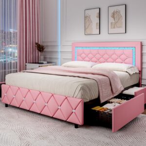 queen size bed frame with led lights, upholstered platform bed with storage drawers, princess bed with diamond headboard and footboard, no box spring needed, easy assembly, pink