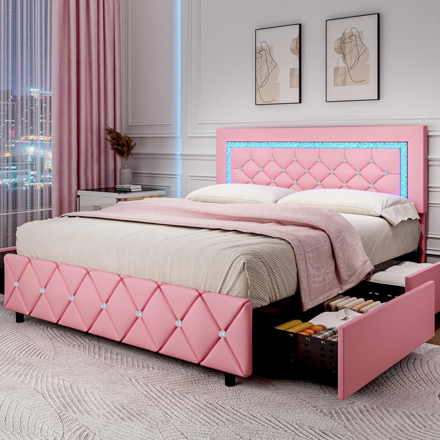 Queen Size Bed Frame with LED Lights, Upholstered Platform Bed with Storage Drawers, Princess Bed with Diamond Headboard and Footboard, No Box Spring Needed, Easy Assembly, Pink