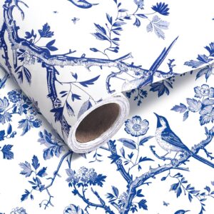 1 roll blue floral bird wrapping paper mini roll 17in x 32.8ft blue white flowers bird pattern gift wrap paper for birthday wedding baby shower party wrapping supplies