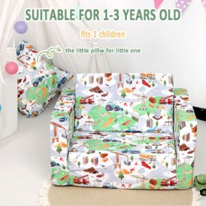 CARUILI Toddler Couch Chair, 2-in-1 Soft Kids Couch Bed Fold Out with Pillow, Convertible Kids Sofa to Lounger for Girls and Boys 1-3 Years, Assembling Toddler Chairs Comfy, Green