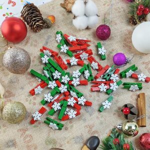 ROYHOO 60PCS 1.38” Christmas Wood Clips Xmas Snowflake Clothespins DIY Photo Pegs Hanging Clips for Party Favors Home School Art Craft Decor (Green)