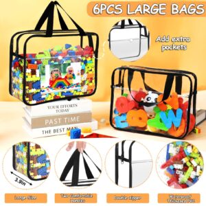 OPELETNNT 6 Packs Large Toy Storage Bags with Pockets, Reusable Clear PVC Board Game Storage with Labels, Travel Waterproof Organizer Bags Double Zipper for Building Blocks, Puzzle, Kids Books