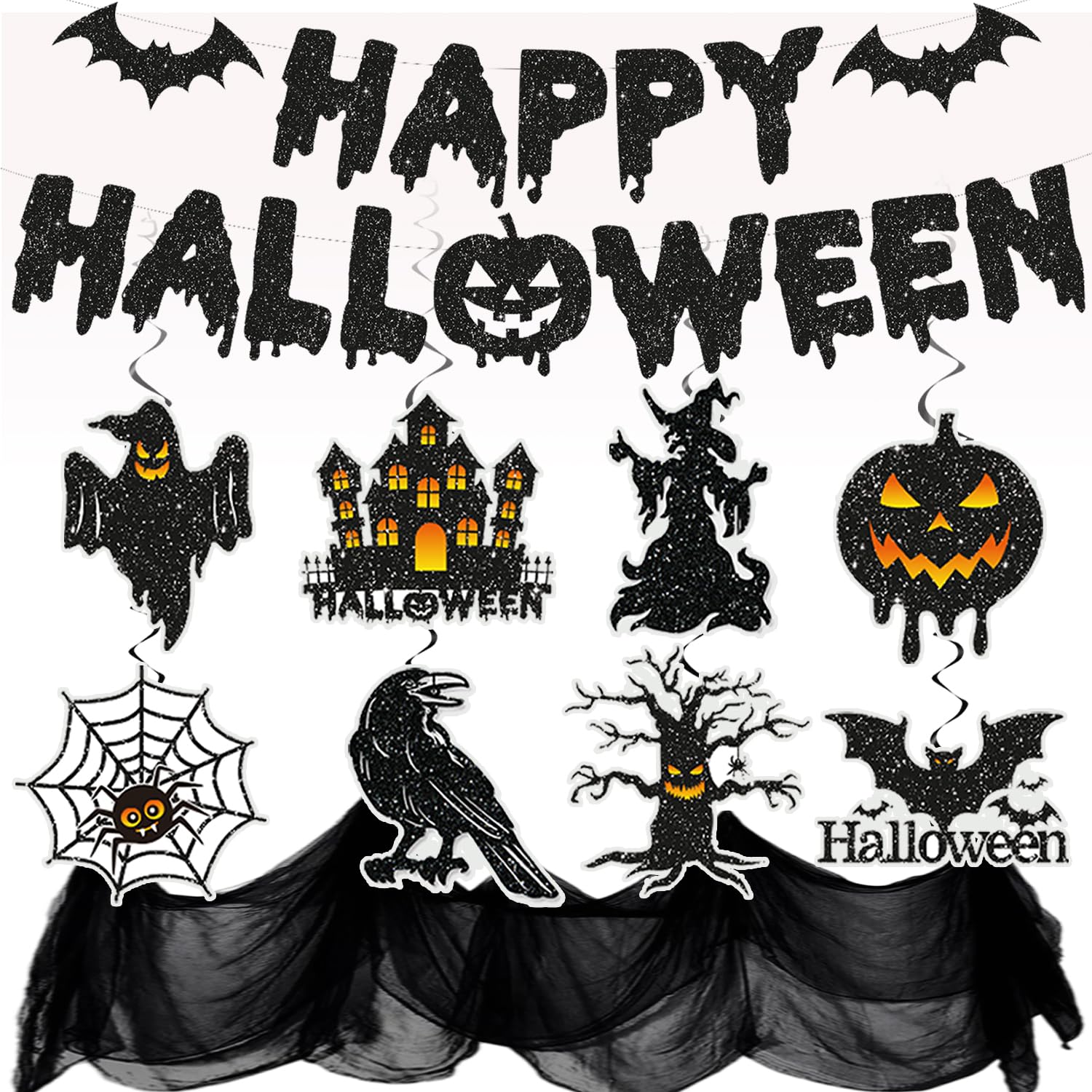 Halloween Party Decorations Set, Halloween Decorations for Office Home, Glitter Happy Halloween Banner Ceiling Hanging Decoration Swirl, Creepy Halloween Cloth, Reusable Halloween Decorations Indoor