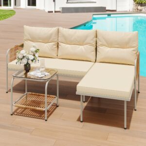 yitahome 3 pieces patio furniture set, outdoor wicker conversation set, all-weather rattan sectional l-shaped sofa detachable lounger with cushions and coffee table for backyard, porch, boho - beige