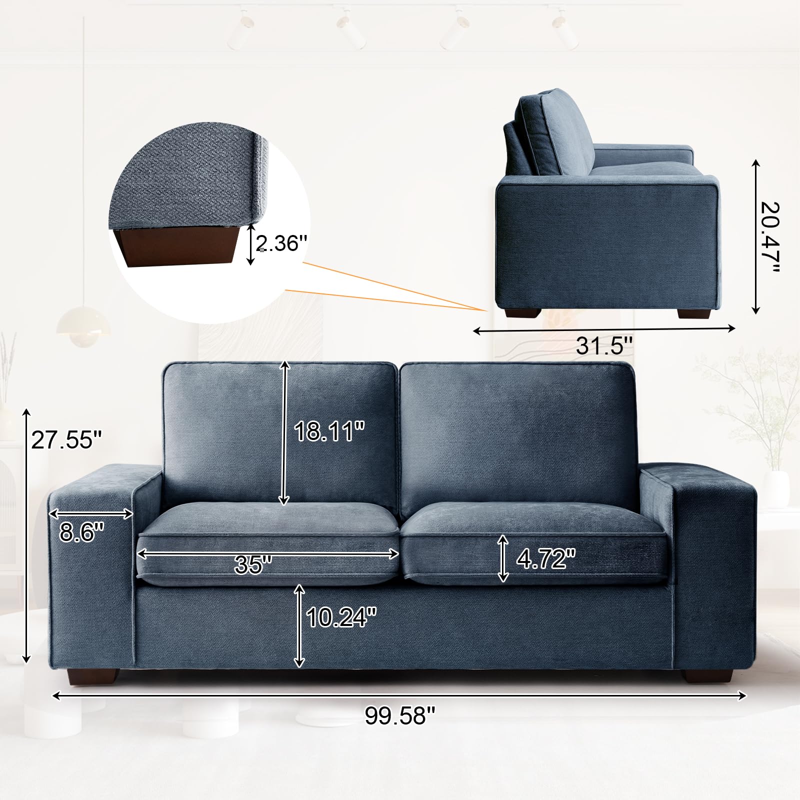 EMONIA 2 Person Love Seat Couches, Chenille Pet-Friendly Small Sofa for Small Spaces Dorm/Bedroom/Apartment/Office (Blue, 71.25'')