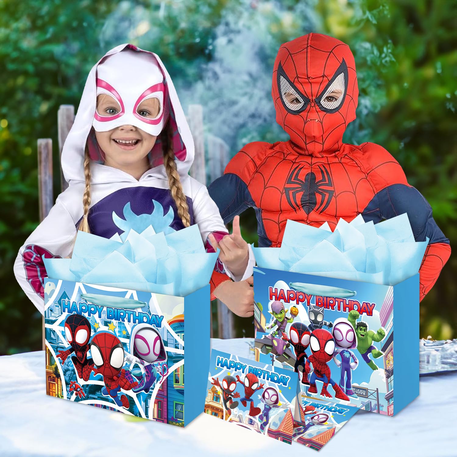 ZEZGERS 2PCS Spidey Gift Bag for Happy Birthday with Handle, Tissue Paper and Card for Baby Shower,Classroom,Birthday Party Decorations Supplies