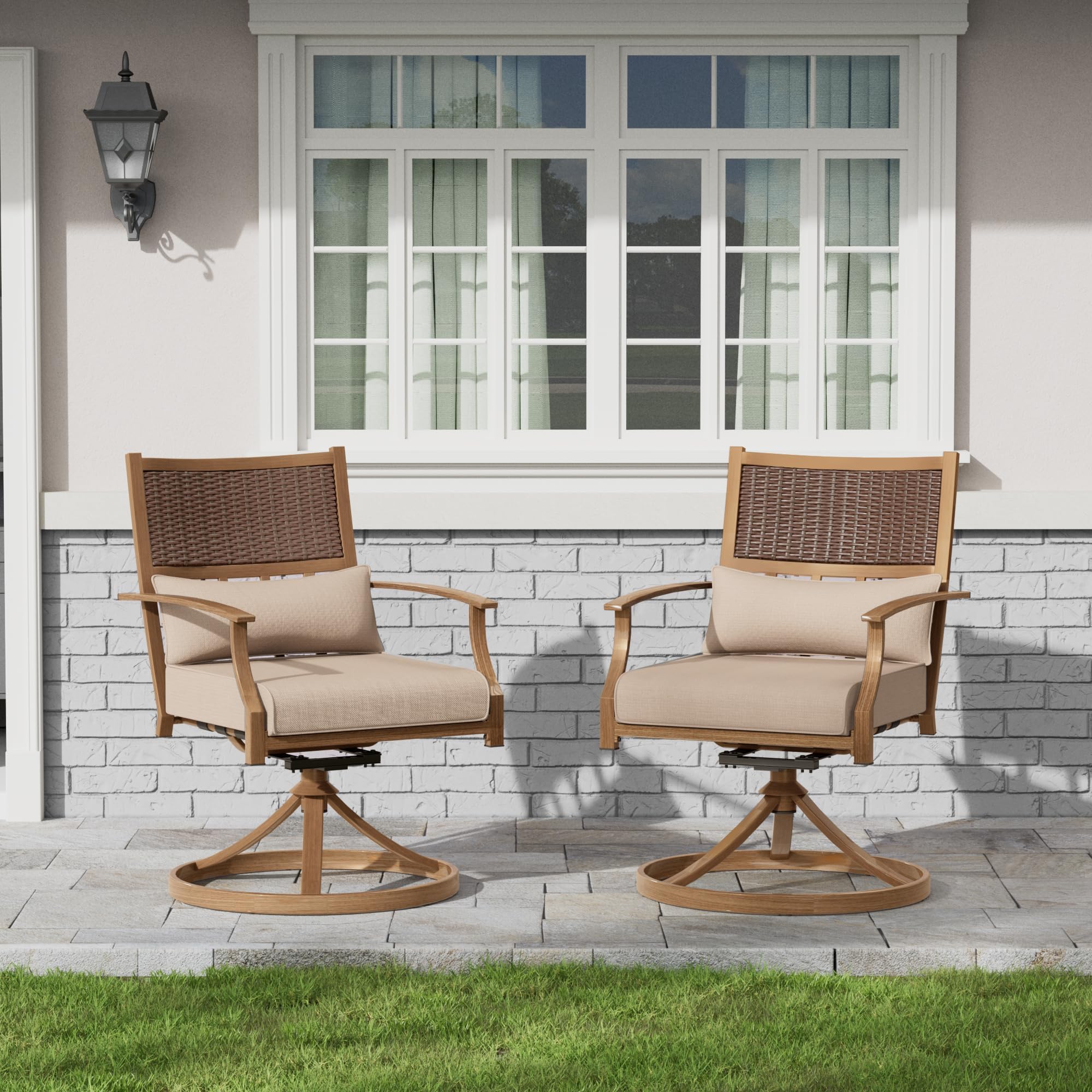 Amopatio Patio Swivel Chairs Set of 2, Outdoor Dining Chairs with Deep Seat Cushion, All Weather Swivel Rocker Chairs with Hand-Painted Metal Frame, for Backyard Deck (Khaki)