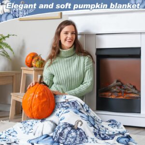 Fanfanwin Thanksgiving Pumpkins Throw Blanket, Chinoiserie Blue and White Blanket Pumpkins Blanket Thanksgiving Soft Cozy Friends Gifts Blue Blanket for Living Room Couch Bed Chair or Dorm, 50"x60"