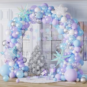 ice snow birthday party decorations, 159 pcs snowflake balloon garland arch kit,blue purple iridescent exploding star foil balloon for princess winter wonderland birthday christmas party decor