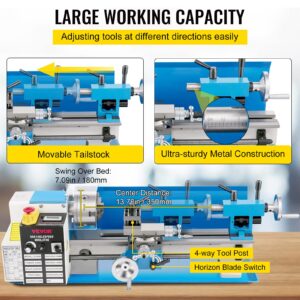 VEVOR Mini Metal Lathe, 7"x14", 550W Variable Speed 2250 RPM Metal Lathe, with 3-jaw Chuck Mini Lathe Machine Benchtop Metal Lathe Digital Display for Metal Turning