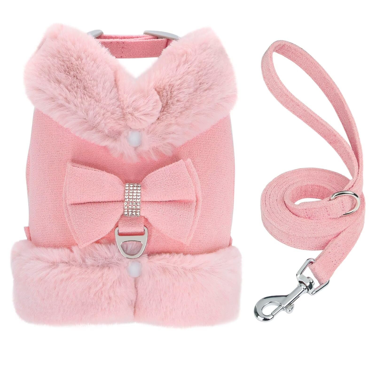 Didog Cute Small Dog Harness and Leash Set, Winter Warm Dog Harness with Bow Tie, Adjustable Soft Padded Puppy Vest with Removable Plush Collar for XS Small and Medium Sized Dogs (Pink, M)