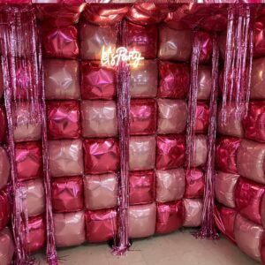 Hot Magenta Pink Square Foil Balloons Wall Tunnel Backdrop Double Sided Metallic Balloon Arch Garland Kit For Anniversary Bachelorette Engagement Bridal Birthday Graduation Party Decorations