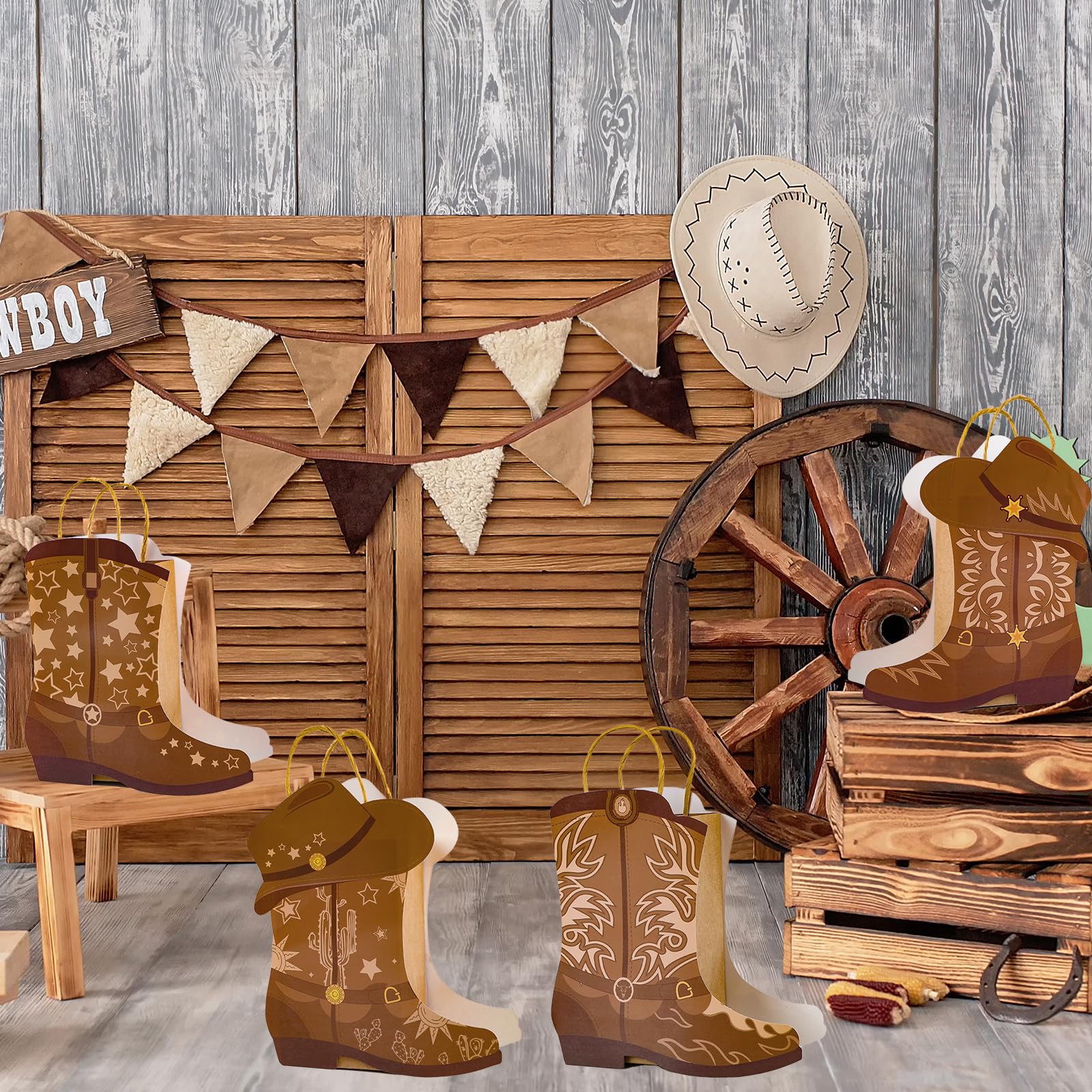 24Pcs Cowboy Boots Paper Bags Western Theme Party Decorations Favors Wild West Kraft Gift Bag with Handles Rodeo Cowgirl Boot Hat Goodie Bag for Cowboy Birthday Bachelorette Baby Shower Party Supplies