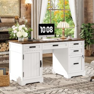 alohappy 55'' farmhouse executive desk, home office desk with drawers, wood computert desk with file cabinet and power outlets, white