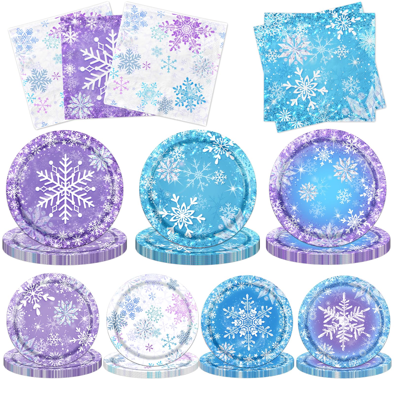 Frozen Plates and Napkins-61Pcs Winter Wonderland Snowflake Tableware for Christmas Winter Holiday,Birthday,Baby Shower