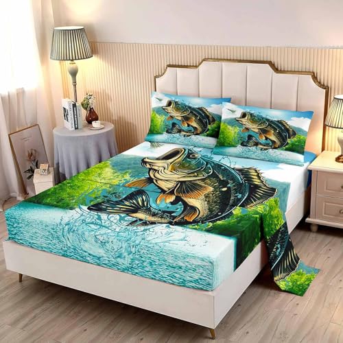 LUVIVIHOME 4PCS Fishing Sheets Set, King Bed Sheets, Forest Animal Hunting Lodge Country Rustic Farmhouse Bass Fish Bedding, Fishing Gifts for Men Boys, 1 Fitted Sheet & 1 Flat Sheet & 2 Pillowcases