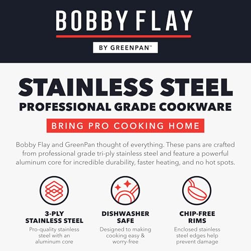 GreenPan x Bobby Flay Stainless Steel 8” & 10” Frying Pan Skillet Set, Professional Grade Tri Ply, PFAS-Free Ceramic Nonstick, Induction Suitable, Dishwasher & Oven Safe, Stay Cool Handle