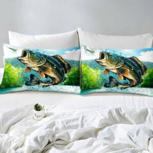 LUVIVIHOME 4PCS Fishing Sheets Set, King Bed Sheets, Forest Animal Hunting Lodge Country Rustic Farmhouse Bass Fish Bedding, Fishing Gifts for Men Boys, 1 Fitted Sheet & 1 Flat Sheet & 2 Pillowcases