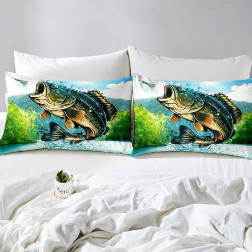 LUVIVIHOME 4PCS Fishing Sheets Set, King Bed Sheets, Forest Animal Hunting Lodge Country Rustic Farmhouse Bass Fish Bedding, Fishing Gifts for Men Boys, 1 Fitted Sheet & 1 Flat Sheet & 2 Pillowcases